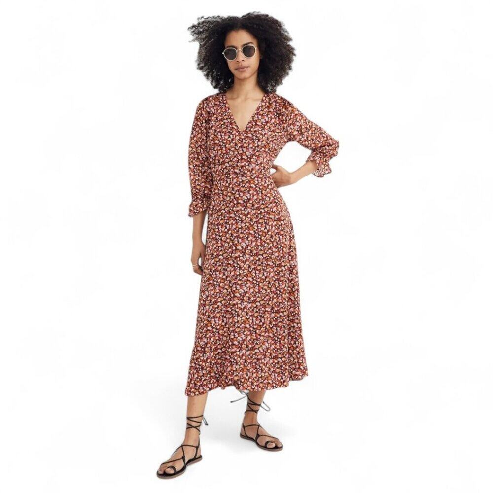 Madewell Clipdot Crossover Midi Dress Floral Ruffle Sleeve Cuff Prairie Size 6